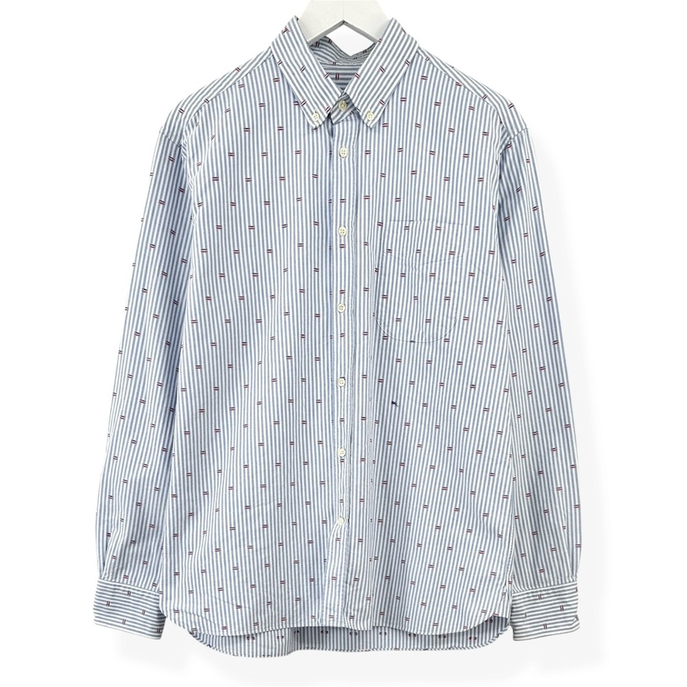 Maison Kitsune Blue & White Striped Embroidered Applique Cotton Button Up Shirt